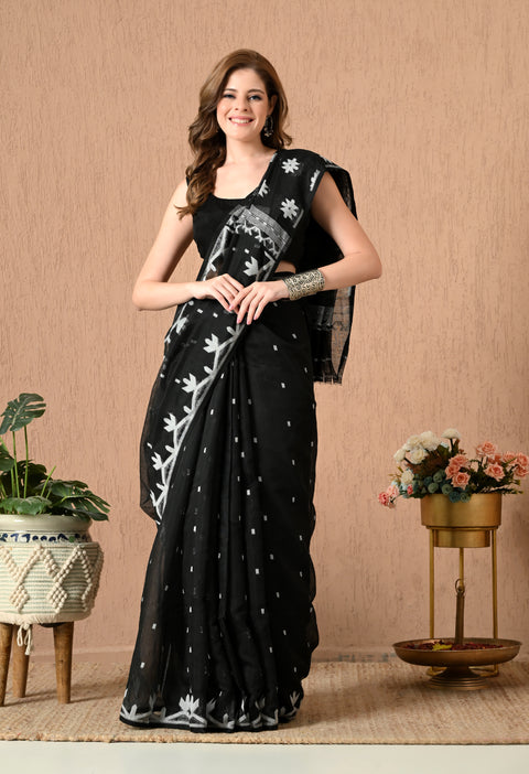Cotton Silk Jamdani Saree (Black/White)