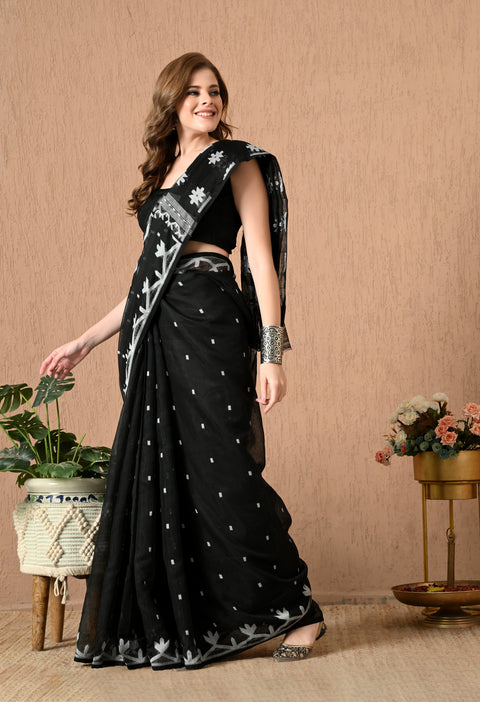 Cotton Silk Jamdani Saree (Black/White)