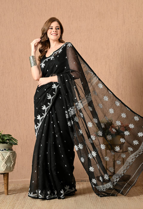 Cotton Silk Jamdani Saree (Black/White)