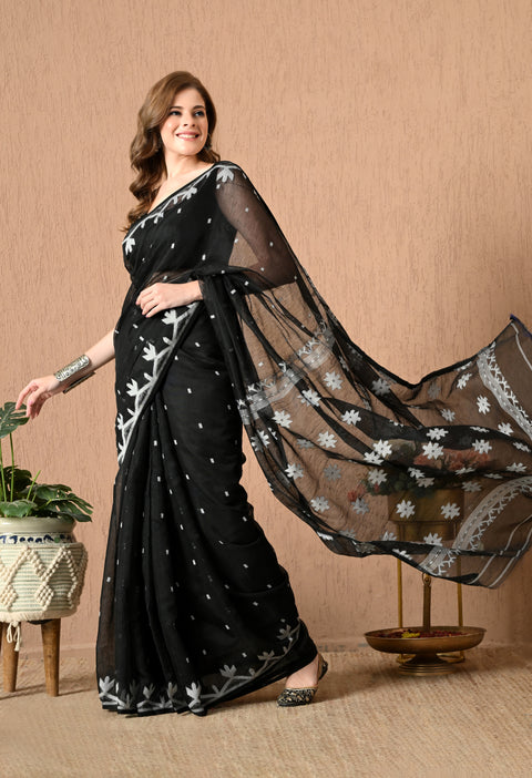 Cotton Silk Jamdani Saree (Black/White)