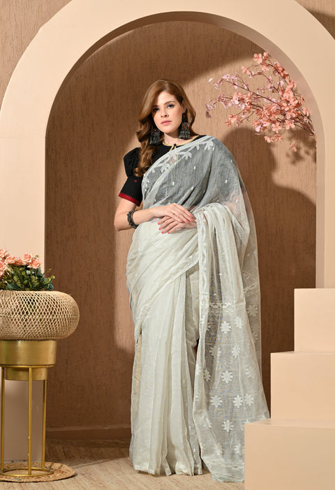 Cotton Silk Jamdani Saree (White)