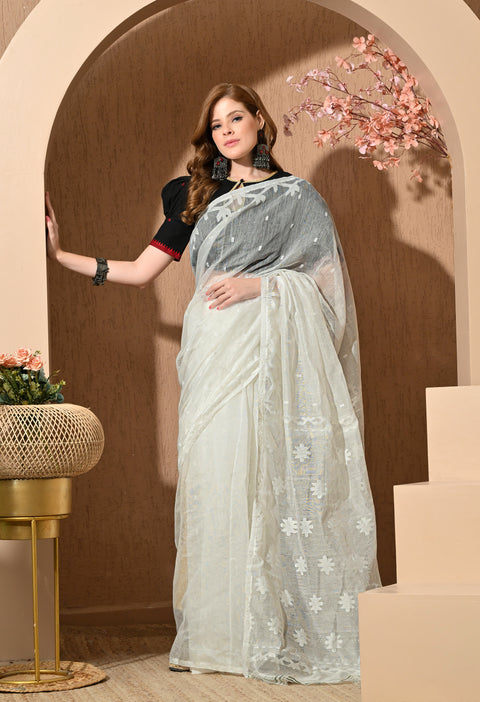 Cotton Silk Jamdani Saree (White)