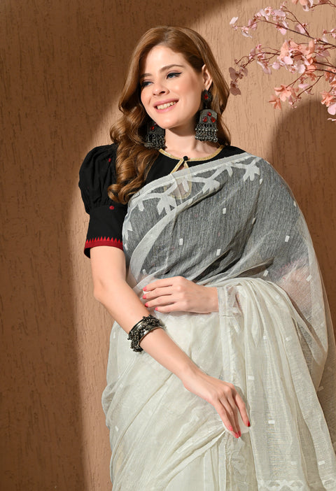 Cotton Silk Jamdani Saree (White)