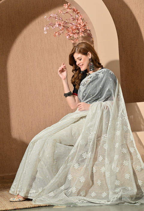 Cotton Silk Jamdani Saree (White)