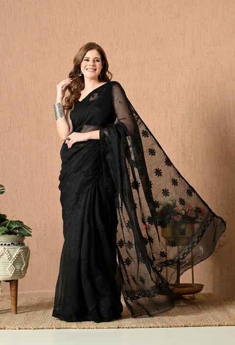 Cotton Silk Jamdani Saree (Black)
