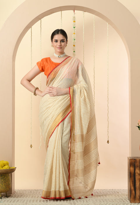 Handwoven Off-White Linen Golden Zari Checked Saree with Contrast Blouse - Red