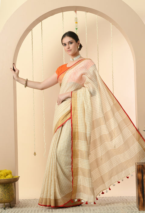 Handwoven Off-White Linen Golden Zari Checked Saree with Contrast Blouse - Red