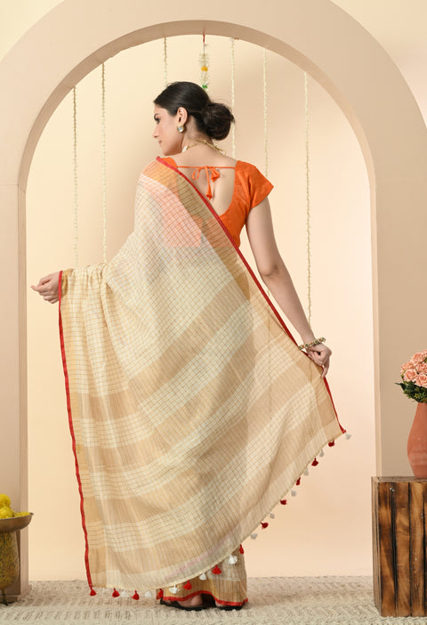 Handwoven Off-White Linen Golden Zari Checked Saree with Contrast Blouse - Red