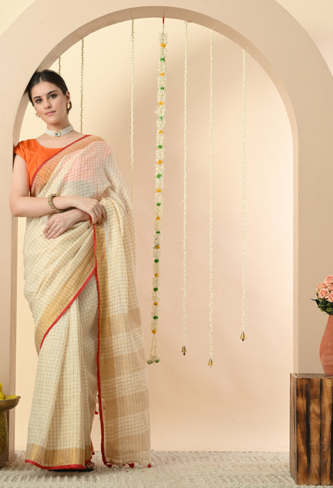 Handwoven Off-White Linen Golden Zari Checked Saree with Contrast Blouse - Red