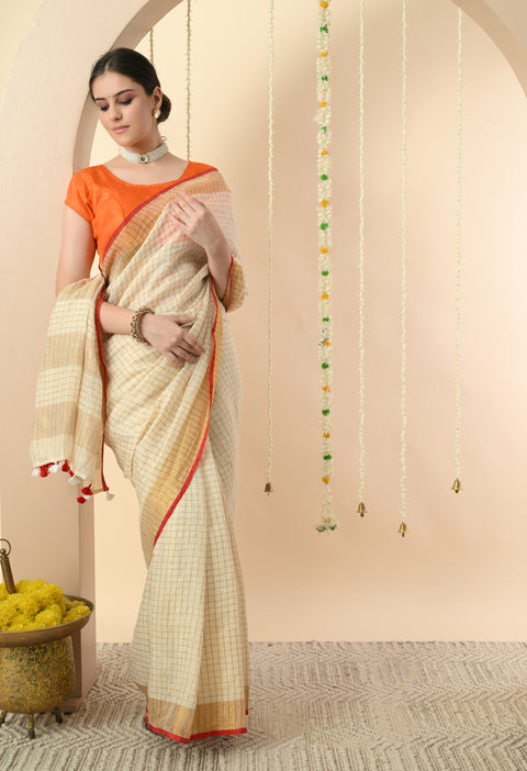 Handwoven Off-White Linen Golden Zari Checked Saree with Contrast Blouse - Red