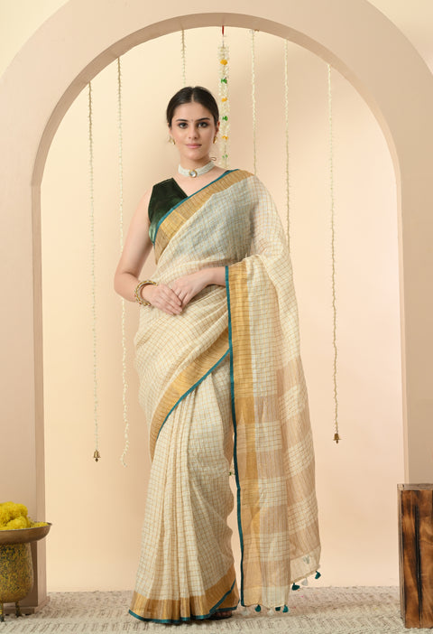 Handwoven Off-White Linen Golden Zari Checked Saree with Contrast Blouse - Green