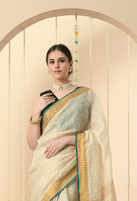 Handwoven Off-White Linen Golden Zari Checked Saree with Contrast Blouse - Green
