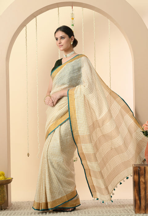 Handwoven Off-White Linen Golden Zari Checked Saree with Contrast Blouse - Green