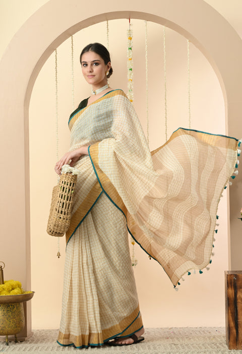 Handwoven Off-White Linen Golden Zari Checked Saree with Contrast Blouse - Green