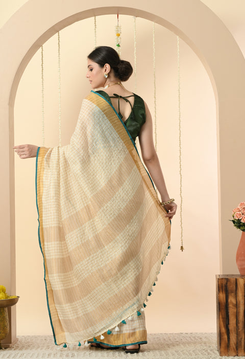 Handwoven Off-White Linen Golden Zari Checked Saree with Contrast Blouse - Green