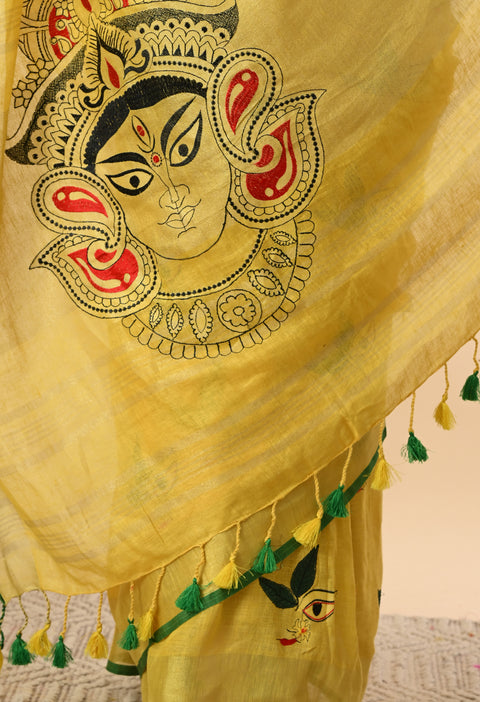 Handwoven Yellow Linen Saree with Maa Durga Embroidery