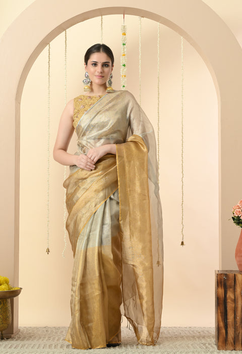 Handwoven Gold & Silver Zari Tissue Saree