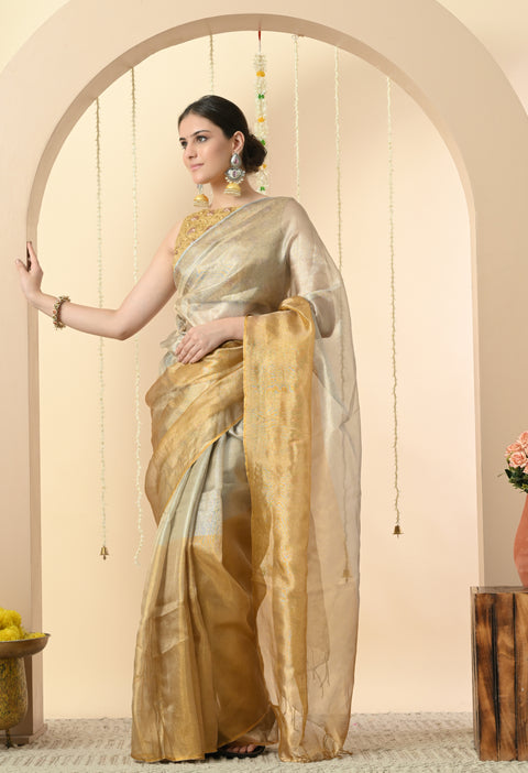 Handwoven Gold & Silver Zari Tissue Saree