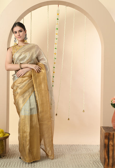 Handwoven Gold & Silver Zari Tissue Saree