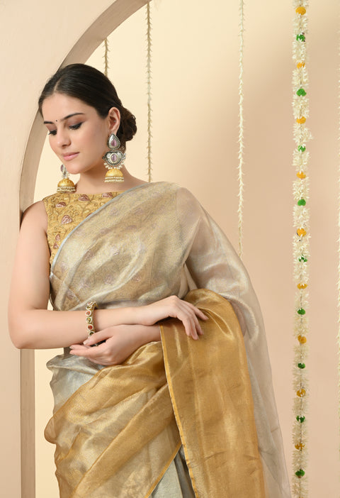 Handwoven Gold & Silver Zari Tissue Saree
