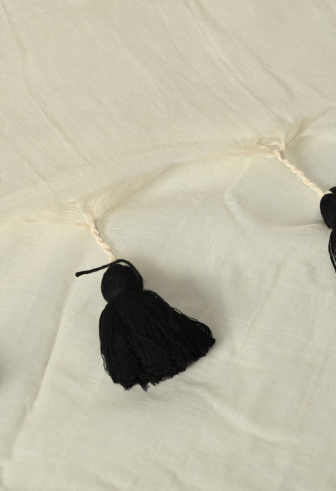 Off-White Mul Cotton Hand-Painted Black Tulip Saree