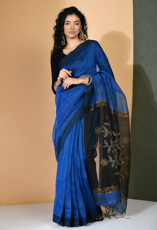Blue Silk Linen Jamdani saree with contrast pallu