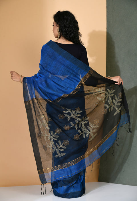 Blue Silk Linen Jamdani Saree with Contrast Pallu - Swapna Creation