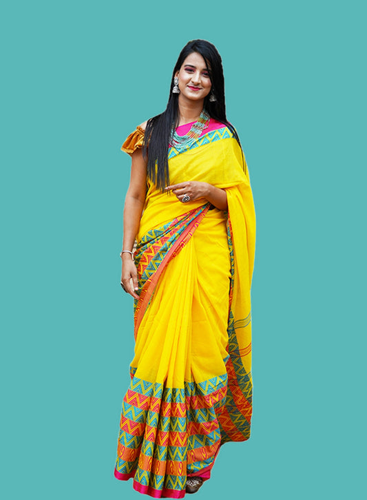 Yellow  With Multi Color Border Begumpuri Khadi Cotton Saree - Swapna Creation