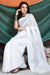 White Handwoven Linen Saree with silver handspun zari border and stripes on Pallu - Swapna Creation