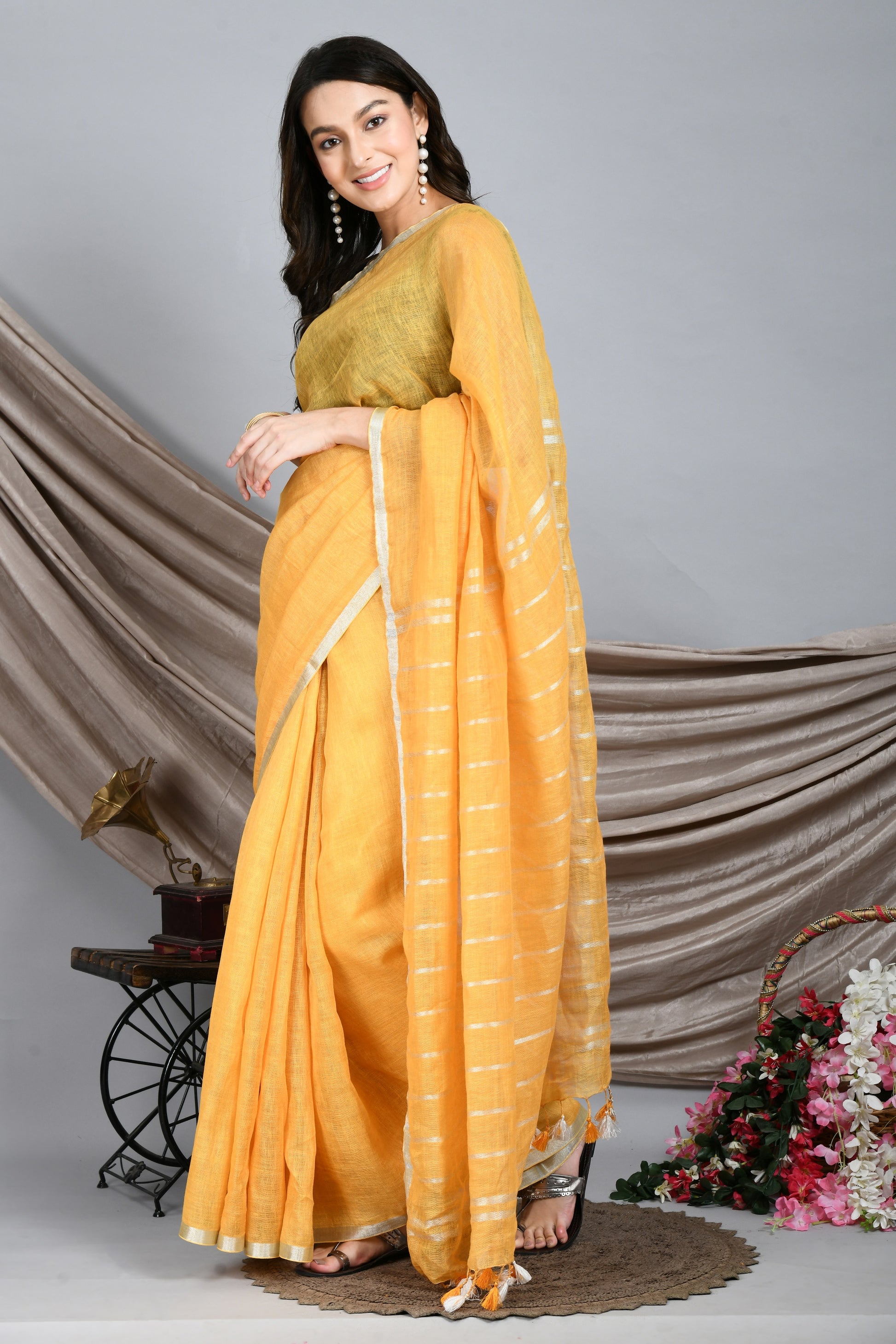 Honey Yellow Handwoven Linen Saree with silver handspun zari border and stripes on Pallu - Swapna Creation