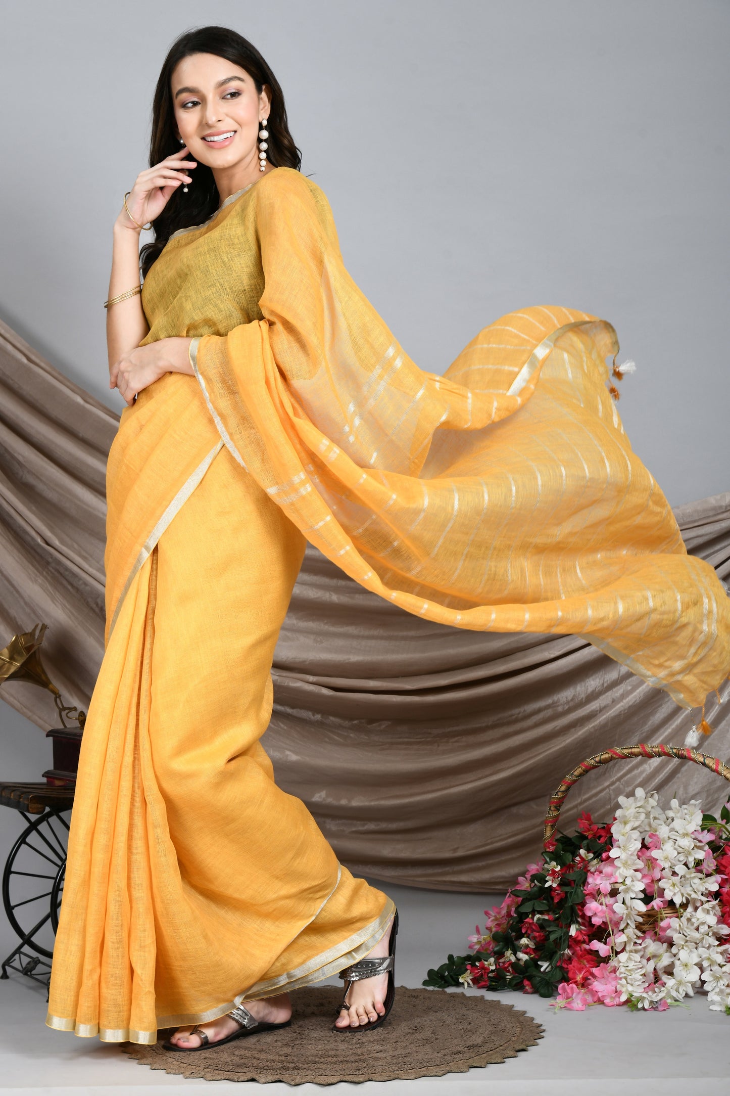 Honey Yellow Handwoven Linen Saree with silver handspun zari border and stripes on Pallu - Swapna Creation
