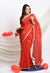 Scarlet Red Handwoven Linen Saree with silver hand spun zari border and stripes on Pallu - Swapna Creation