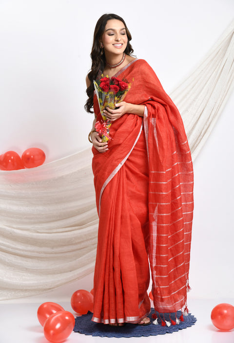 Scarlet Red Handwoven Linen Saree with silver hand spun zari border and stripes on Pallu - Swapna Creation