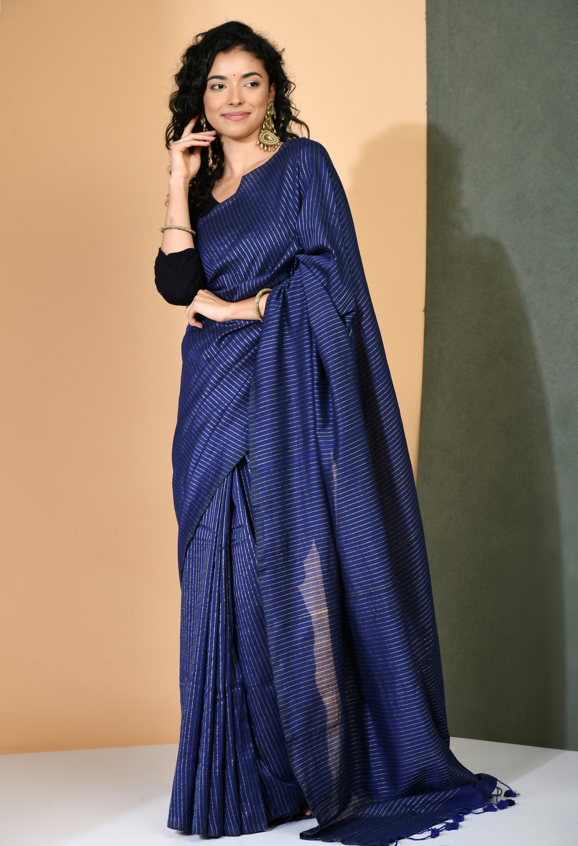 Blue Cotton with Lurex Stripe Saree - Swapna Creation