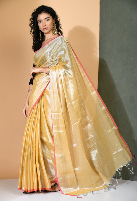 Glittering Daffodil Zari Khadi Cotton Saree - Swapna Creation