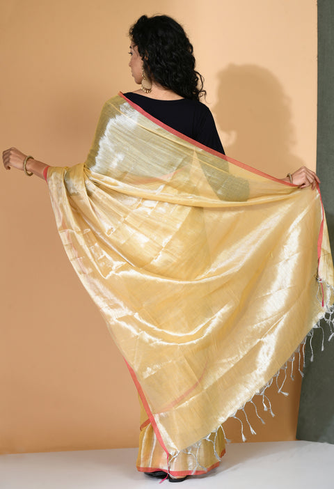 Glittering Daffodil Zari Khadi Cotton Saree - Swapna Creation