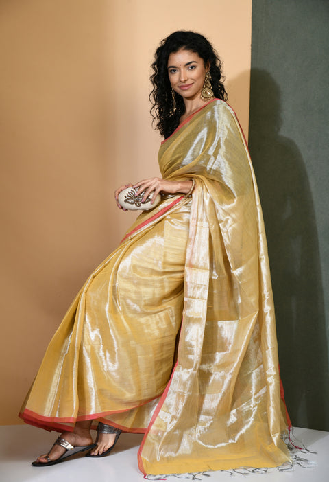 Glittering Daffodil Zari Khadi Cotton Saree - Swapna Creation