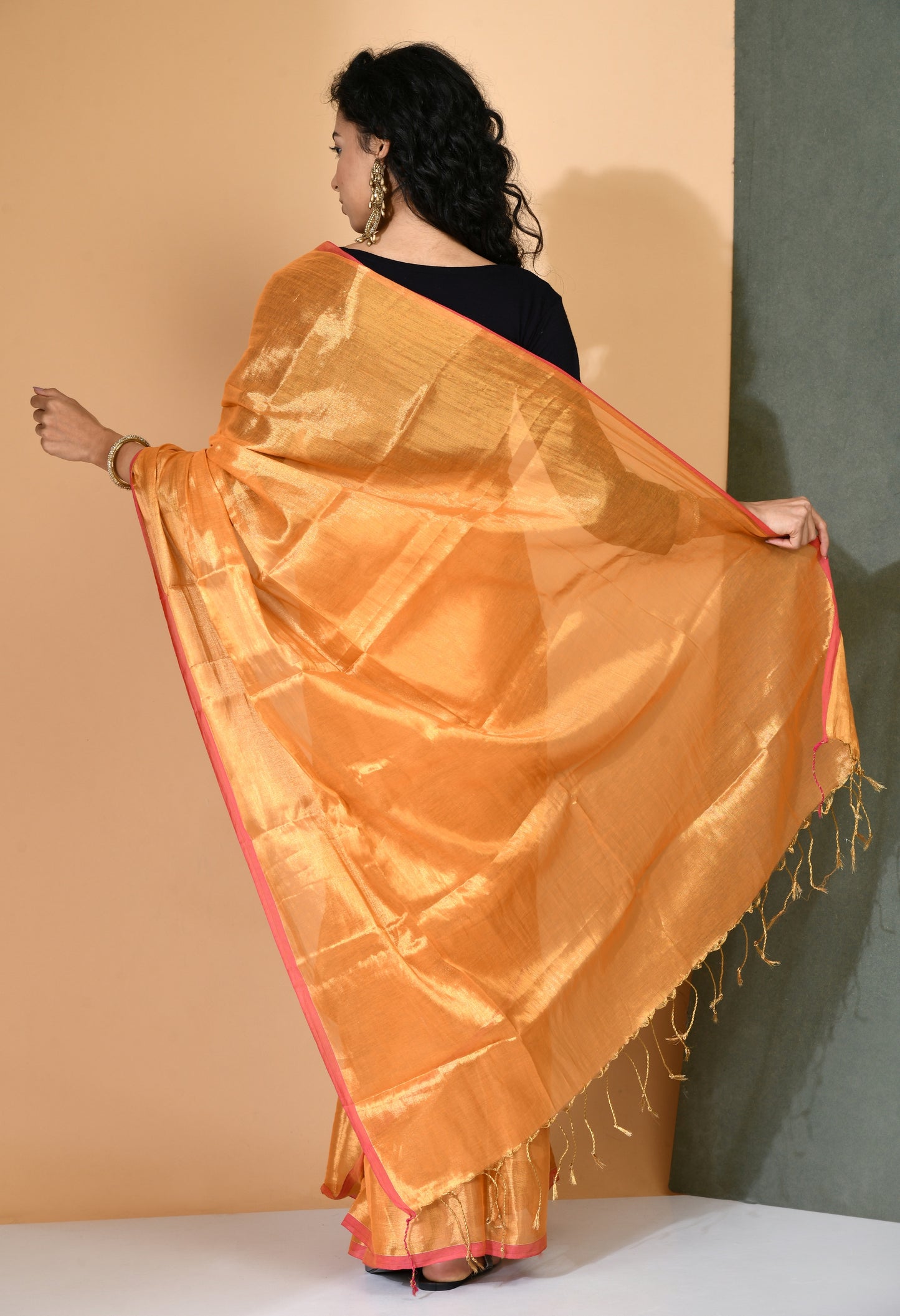Rise n Shine Orange Zari Khadi Cotton Saree - Swapna Creation