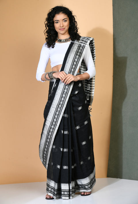 Black Cotton Khadi Saree with white woven border - Swapna Creation