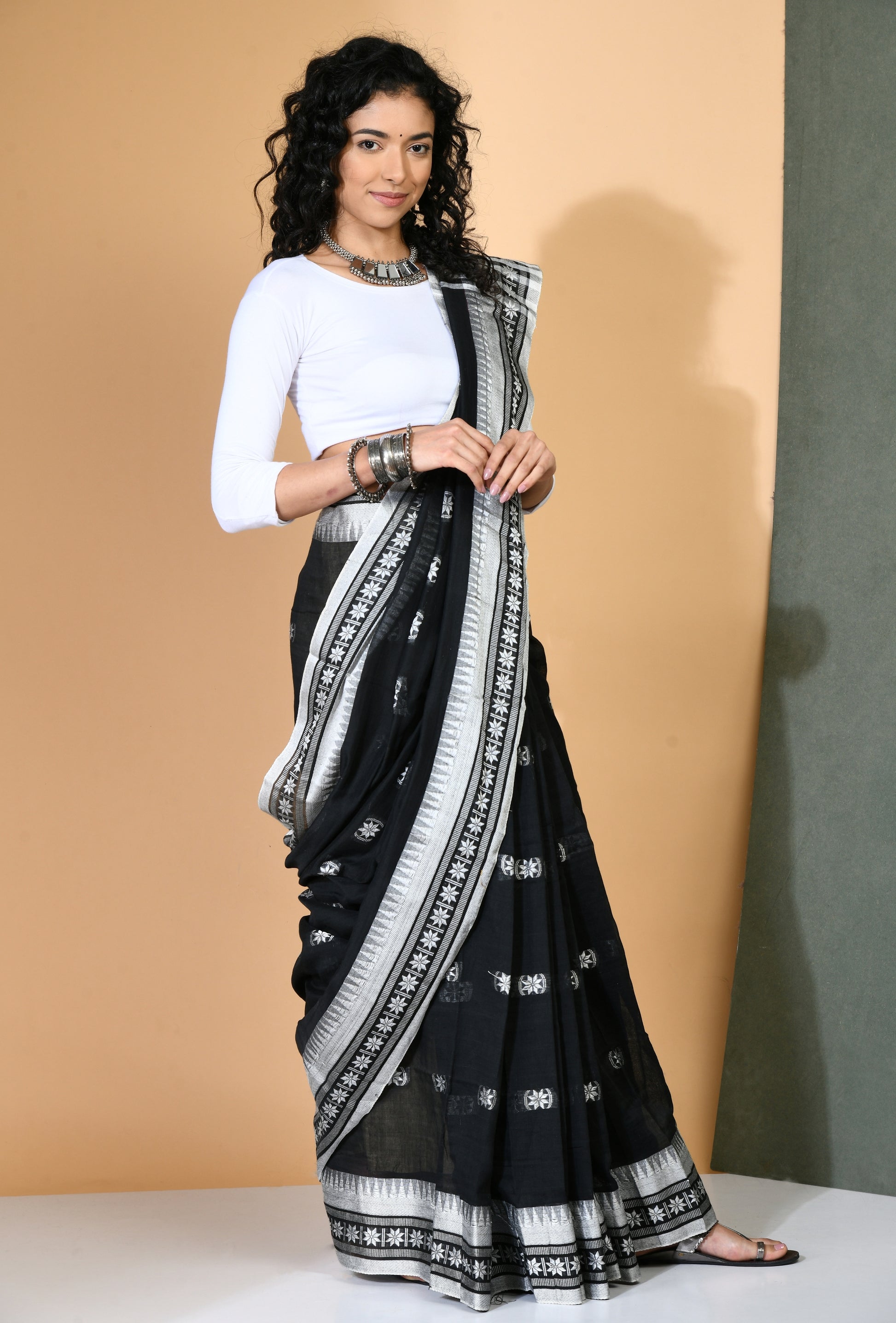 Black Cotton Khadi Saree with white woven border - Swapna Creation