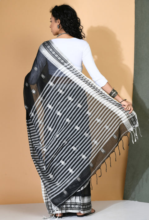 Black Cotton Khadi Saree with white woven border - Swapna Creation