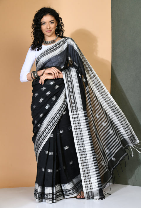 Black Cotton Khadi Saree with white woven border - Swapna Creation