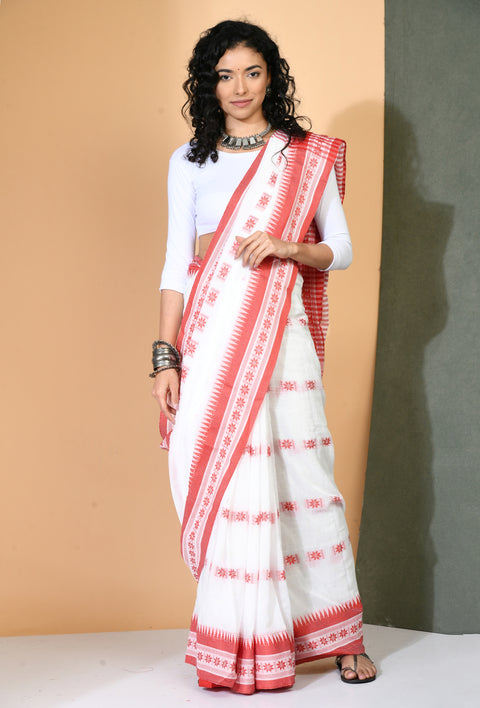 White Cotton Khadi Saree with red woven border - Swapna Creation