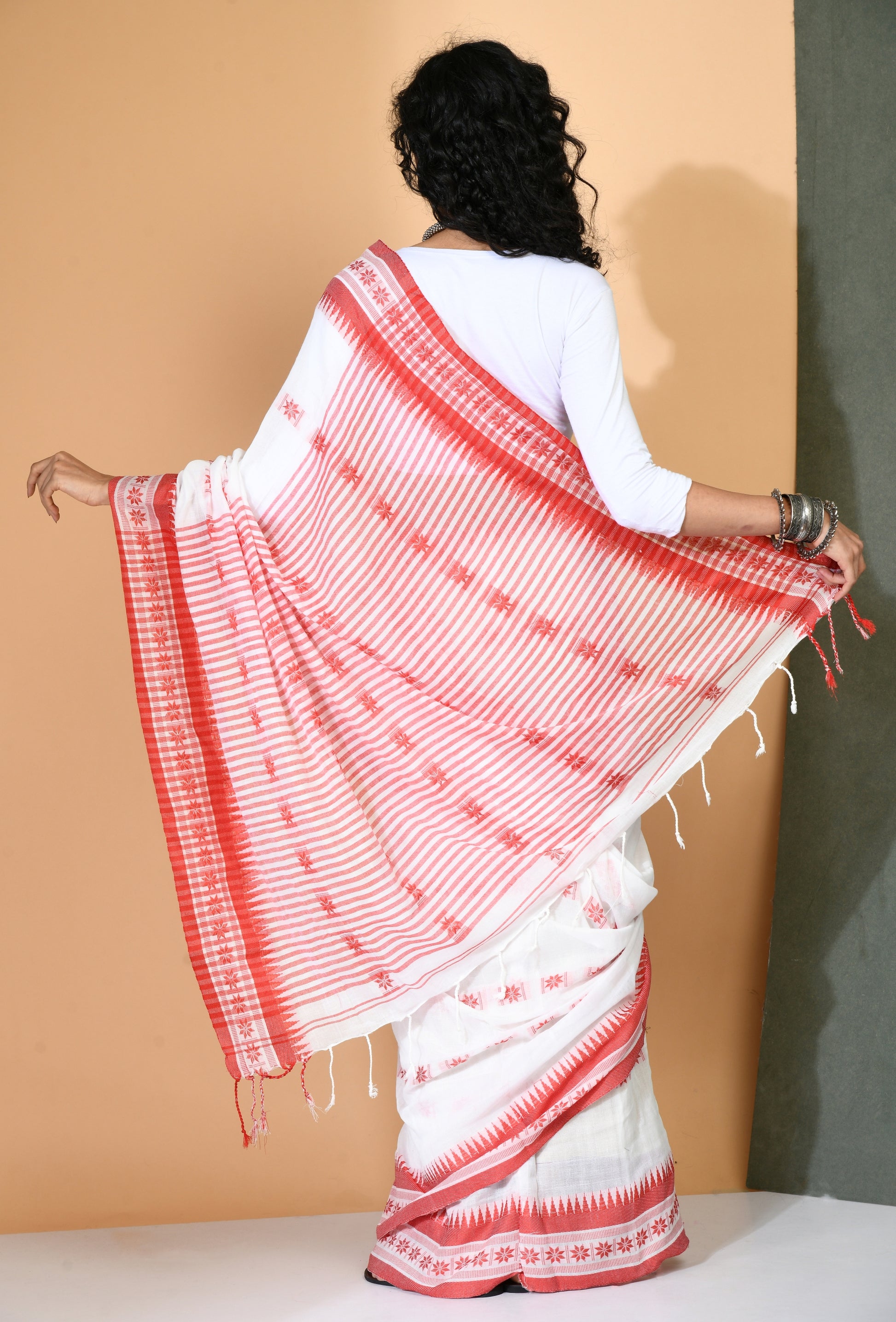 White Cotton Khadi Saree with red woven border - Swapna Creation