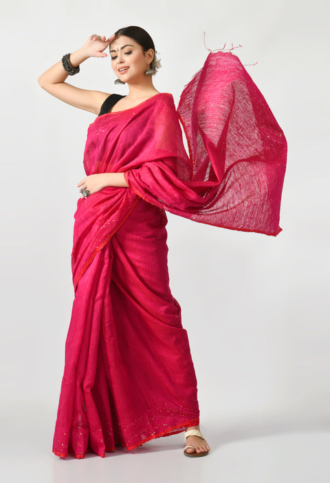Magenta Matka Silk Saree with Sequins work - Swapna Creation