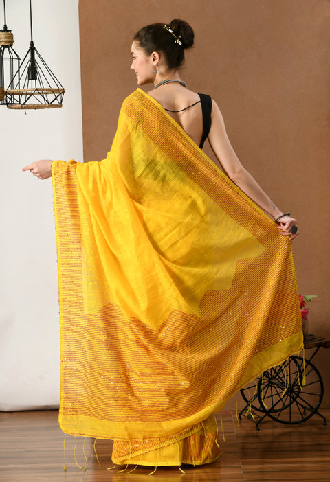 Yellow Matka Silk Saree with Sequins work - Swapna Creation