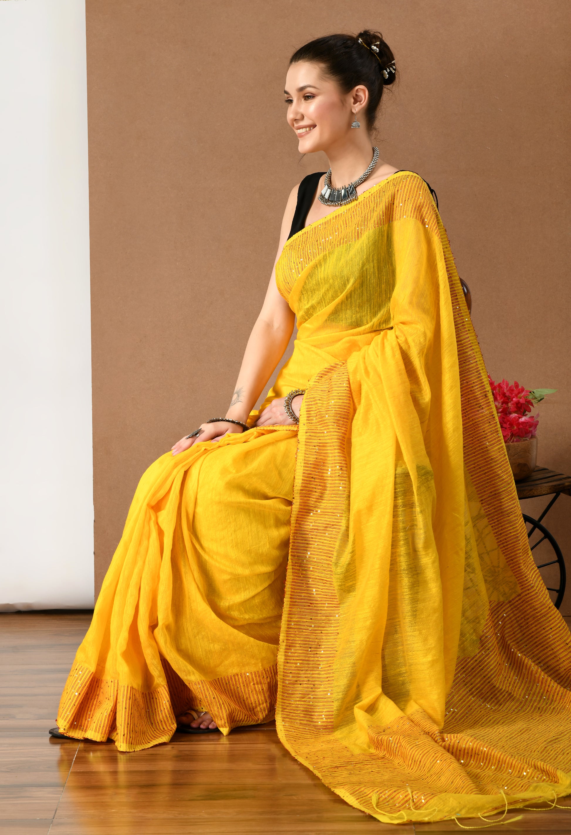 Yellow Matka Silk Saree with Sequins work - Swapna Creation