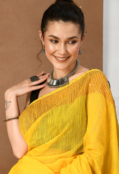 Yellow Matka Silk Saree with Sequins work - Swapna Creation