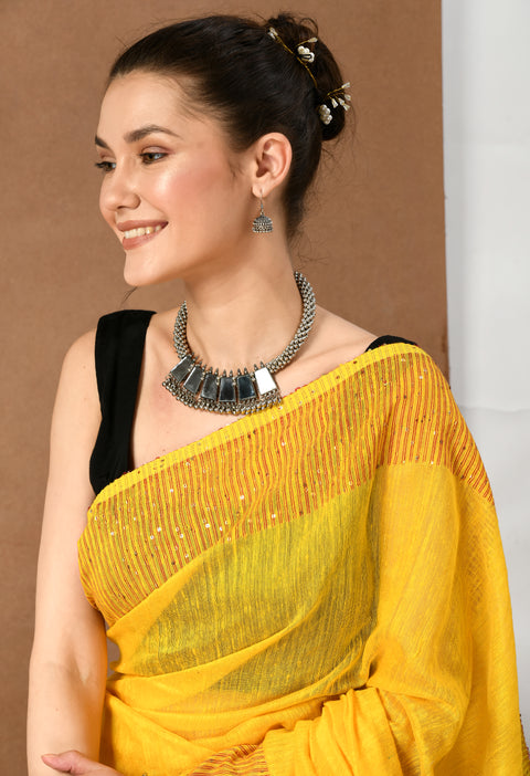 Yellow Matka Silk Saree with Sequins work - Swapna Creation