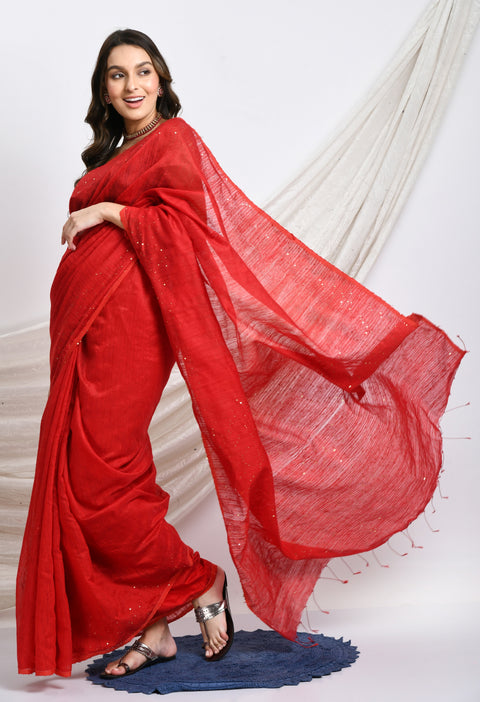 Red Matka Silk Saree with Sequins work - Swapna Creation